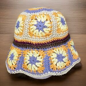 Forever 21 Orange/Multi‎ Straw Bucket Hat Granny Square Pattern One Size Fit All
